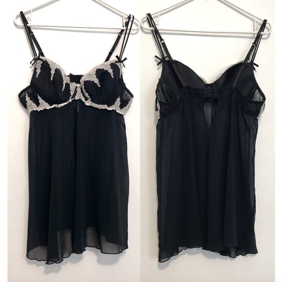 DELICATES Black Cream Ivory Lace Trim Underwired Semi Sheer Babydoll Lingerie L - Picture 1 of 14